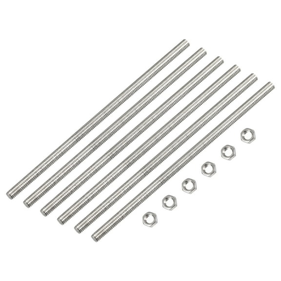 Uxcell 6Pack M4 x 200mm Fully Threaded Rod w 6Pack Hex Nuts, 0.7mm Pitch 304 Stainless Steel Right Hand Threaded Rod