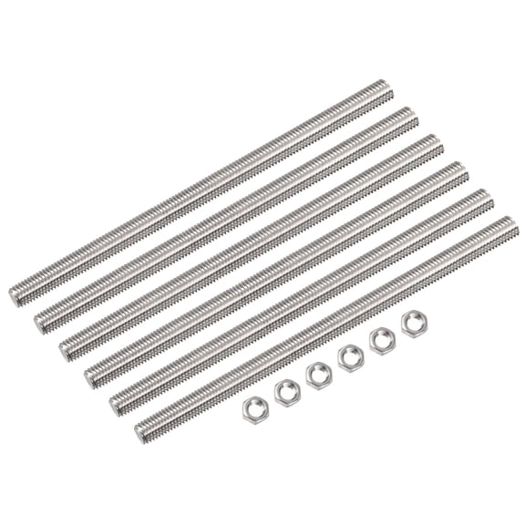 Uxcell 6Pack M8 x 200mm Fully Threaded Rod w 6Pack Hex Nuts, 1.25mm Pitch 304 Stainless Steel Right Hand Threaded Rod