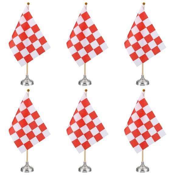 Uxcell 6Pack Red and White Checkered Table Flag, 12" Small Race Car Racing Office Desk Flag Set with Bamboo Stick and Silver Round Base for Car Soccer Sport Party Decoration