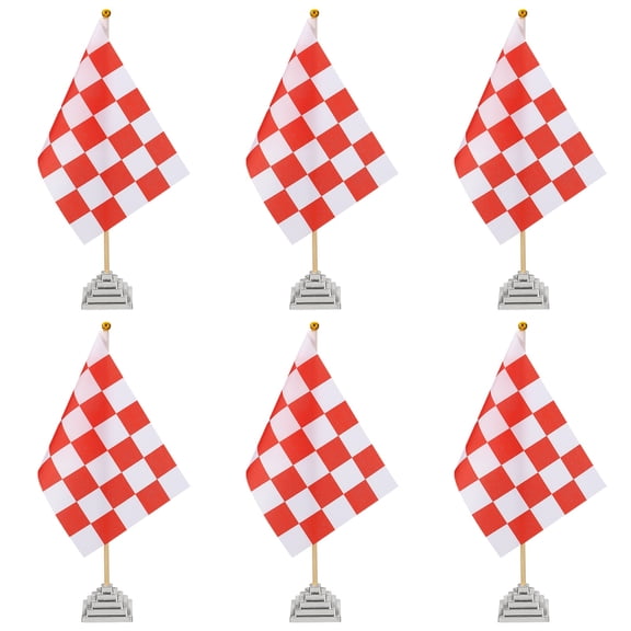 Uxcell 6Pack Red and White Checkered Table Flag, 12" Small Race Car Racing Office Desk Flag Set with Bamboo Stick and Silver Square Base for Car Soccer Sport Party Decoration