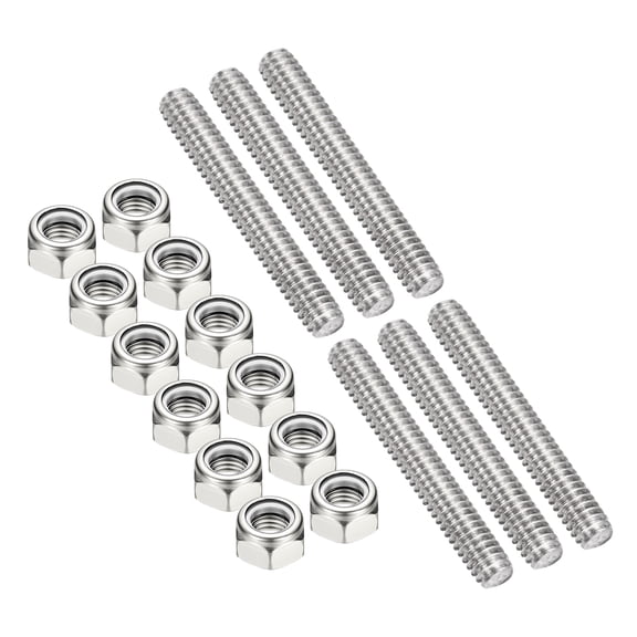 Uxcell 6Pcs 1/4"-20x45mm Threaded Rods with Hex Nuts, 304 Stainless Steel Fully Threaded Rod Right Hand Threads with 12Pcs Nylon Insert Lock Nut for Clamps Hangers U-Bolt, Silver Tone