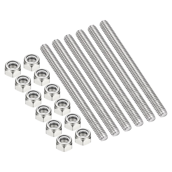 Uxcell 6Pcs 1/4"-20x80mm Threaded Rods with Hex Nuts, 304 Stainless Steel Fully Threaded Rod Right Hand Threads with 12Pcs Nylon Insert Lock Nut for Clamps Hangers U-Bolt, Silver Tone