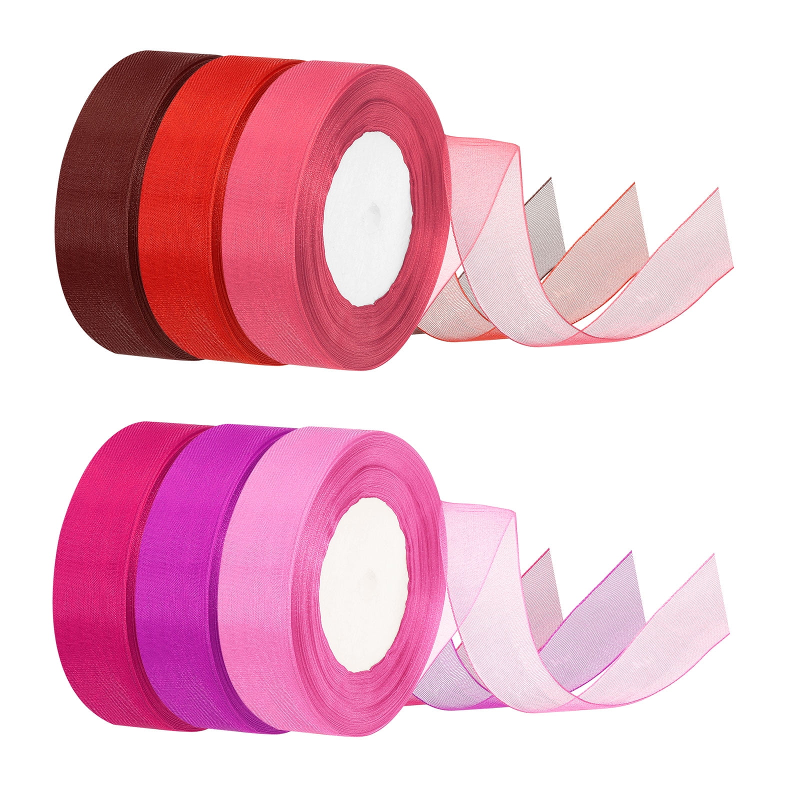 Uxcell 6Pcs 1 Inch x 50 Yard Organza Ribbon Pink/Red/Burgundy/Purple/Bright Red/Rose
