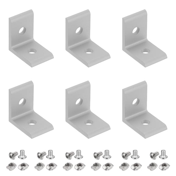 Uxcell 6Pcs 2 Hole Inside Corner Bracket, L Bracket Connector for 2020B Aluminum Extrusion Profile 6.2mm T-Slot with Nuts Screws for Furniture, Framing Structures, Silver