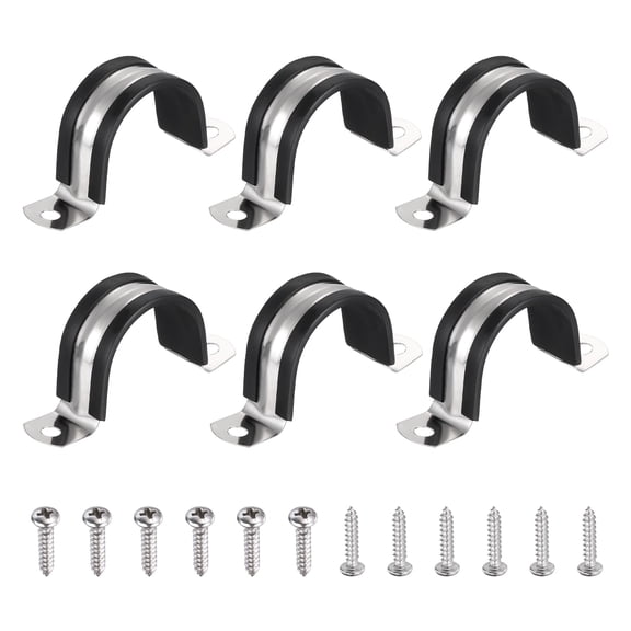 Uxcell 6Pcs 38mm(1-1/2") Cable Clamp, 304 Stainless Steel Rubber Coated Cushion Insulated Cable Clamps U Holder Pipe Strap with M4x20mm Screws for Tube Hose Wire Installation, Black