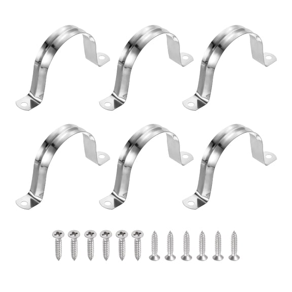 Uxcell 6Pcs 63mm(2-1/2")304 Stainless Steel Rigid Pipe Strap, Two Hole Strap U Bracket Heavy Duty Pipe Conduit Clamp with Self-Tapping Screws for Hose Wire Installation, Silver