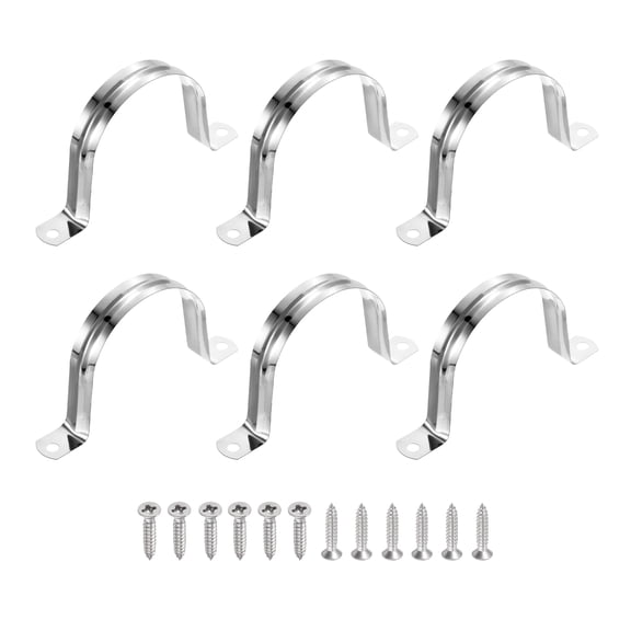 Uxcell 6Pcs 70mm(2-3/4")304 Stainless Steel Rigid Pipe Strap, Two Hole Strap U Bracket Heavy Duty Pipe Conduit Clamp with Self-Tapping Screws for Hose Wire Installation, Silver