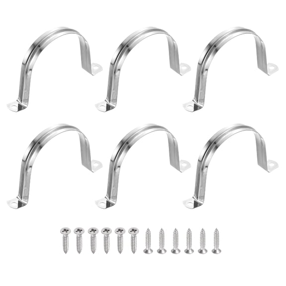 Uxcell 6Pcs 80mm(3-1/8")304 Stainless Steel Rigid Pipe Strap, Two Hole Strap U Bracket Heavy Duty Pipe Conduit Clamp with Self-Tapping Screws for Hose Wire Installation, Silver