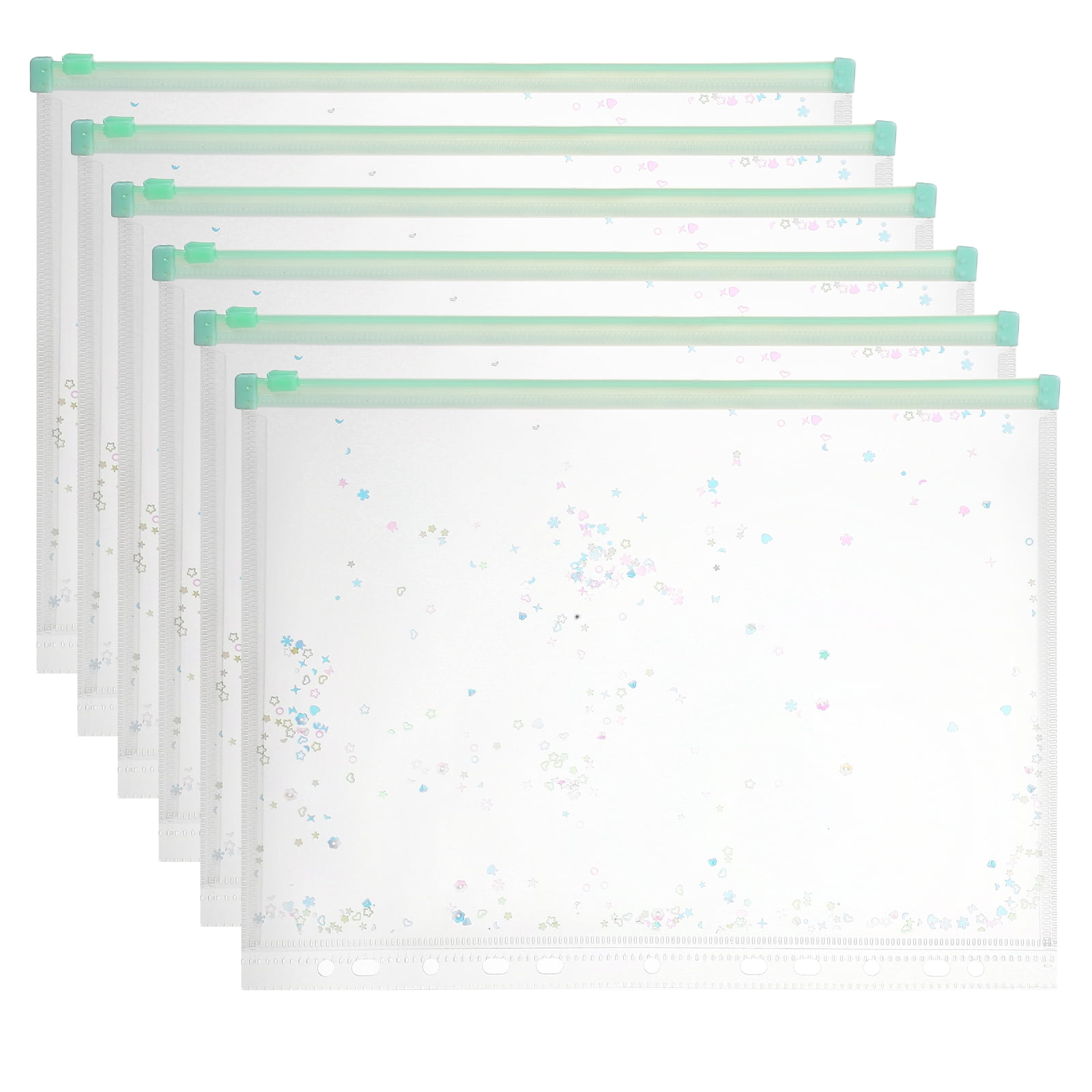 Uxcell 6Pcs A4 Plastic Binder Zipper, Binder Pockets 12 x 9" Clear Envelope Folders Planner Waterproof Pouch Filing with Sequin Decor for Document Notebook Card Organizer, Light Green