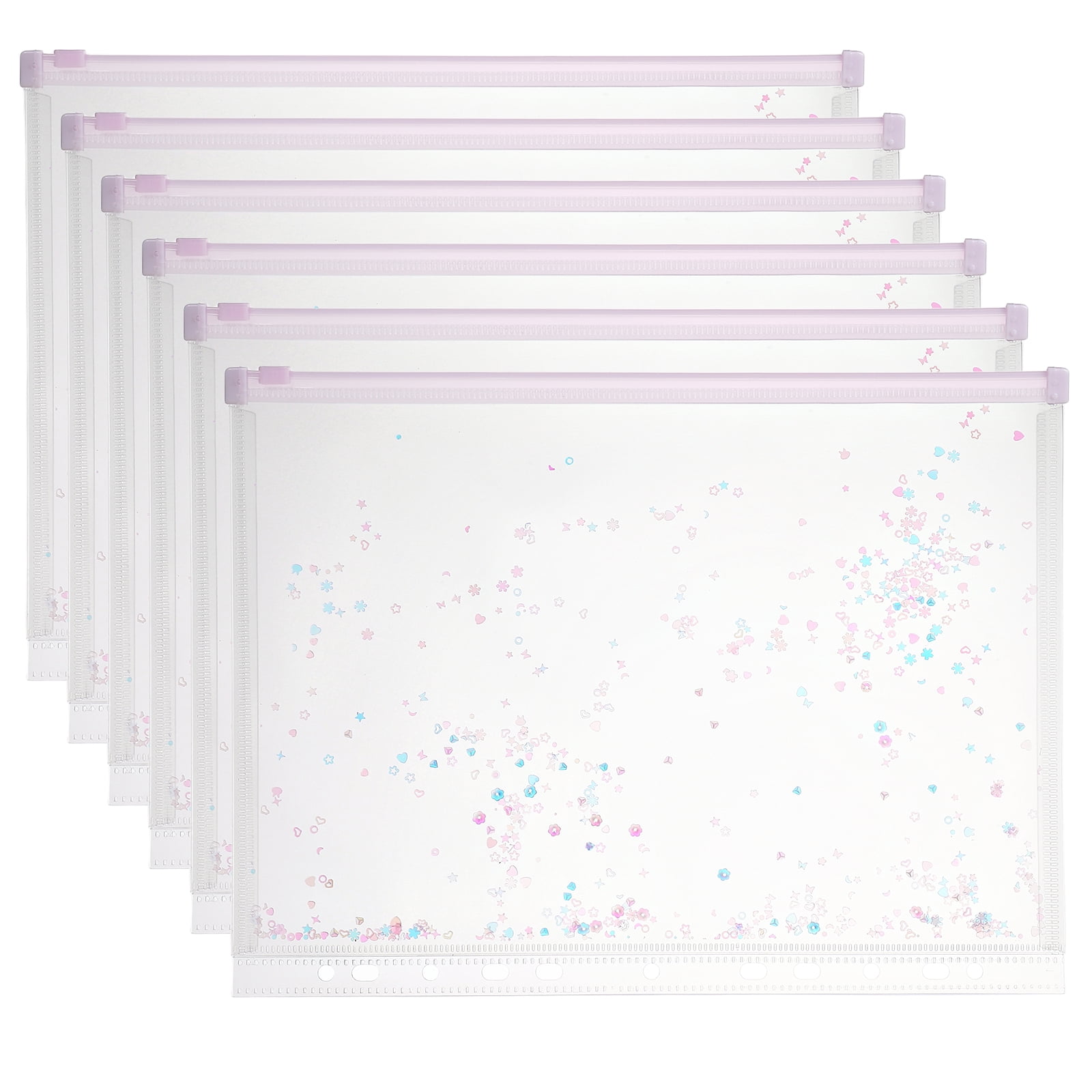 Uxcell 6Pcs A4 Plastic Binder Zipper, Binder Pockets 12 x 9" Clear Envelope Folders Planner Waterproof Pouch Filing with Sequin Decor for Document Notebook Card Organizer, Light Purple