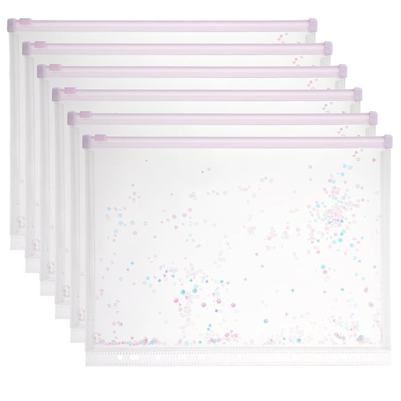 Uxcell 6Pcs A4 Plastic Binder Zipper, Binder Pockets 12 x 9" Clear Envelope Folders Planner Waterproof Pouch Filing with Sequin Decor for Document Notebook Card Organizer, Light Purple