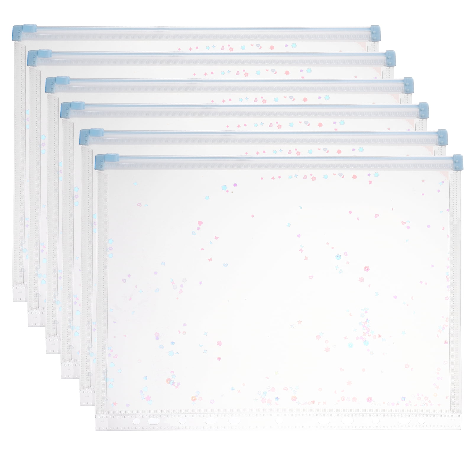 Uxcell 6Pcs A4 Plastic Binder Zipper, Binder Pockets 12 x 9" Clear Envelope Folders Planner Waterproof Pouch Filing with Sequin Decor for Document Notebook Card Organizer, Light Blue