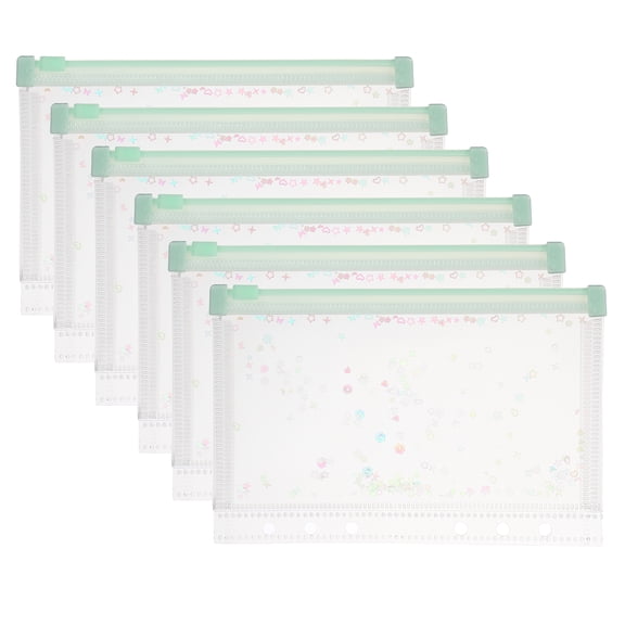 Uxcell 6Pcs A6 Plastic Binder Zipper, Binder Pockets 7 x 5" Clear Envelope Folders Planner Waterproof Pouch Filing with Sequin Decor for Document Card, Light Green