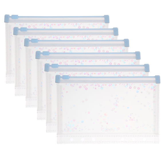 Uxcell 6Pcs A6 Plastic Binder Zipper, Binder Pockets 7 x 5" Clear Envelope Folders Planner Waterproof Pouch Filing with Sequin Decor for Document, Light Blue