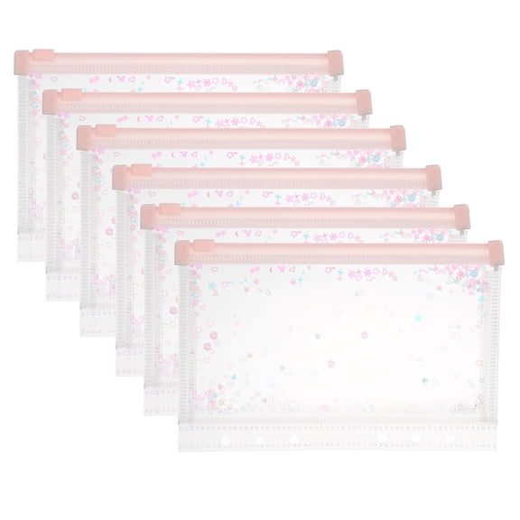 Uxcell 6Pcs A6 Plastic Binder Zipper, Binder Pockets 7 x 5" Clear Envelope Folders Planner Waterproof Pouch Filing with Sequin Decor for Document Notebook Card Organizer, Light Pink