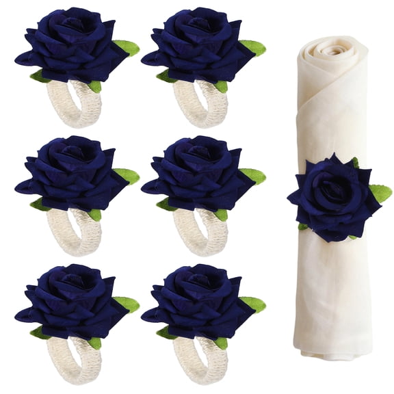 Uxcell 6Pcs Flower Napkin Rings, Handmade Rose Napkin Ring Holders Buckles Table Decorations for Christmas Thanksgiving Valentine Decor Wedding Parties, Banquet, Home, Navy Blue