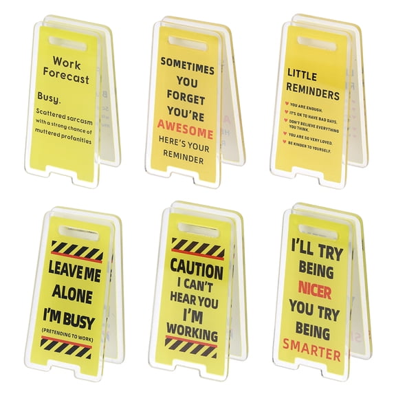 Uxcell 6Pcs Funny Note Holder Clips, Acrylic Humorous Desk Sign Sticky Note Holder for Office Gifts Coworkers Employees Friends, Yellow Work Set-3