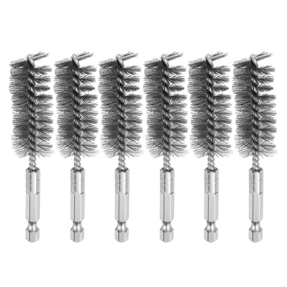 Uxcell 304 Stainless Steel Bore Brush Cleaning Twisted Wire Brush with Handle 1/4" Hex Shank for Tubes Ports Bearings Silver 20mm 6pcs