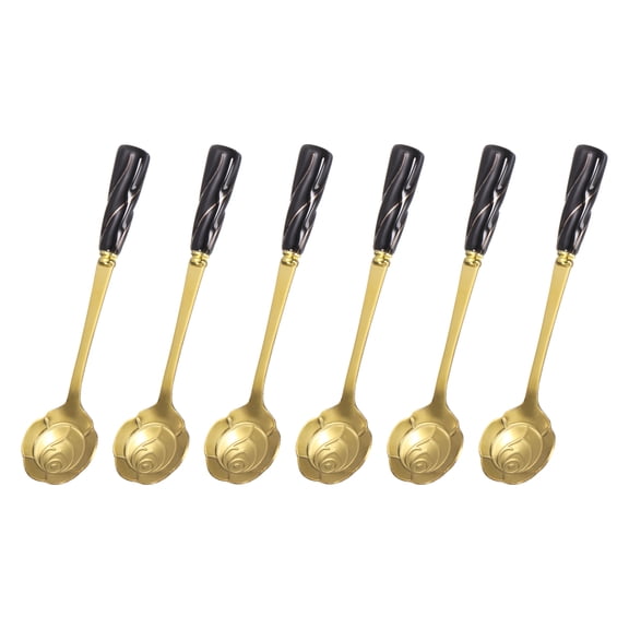 Uxcell 6Pcs Stainless Steel Flower Spoons 5 Inch Rose Shape Coffee Spoon Small Teaspoon Dessert Spoon for Espresso Sugar Cake, Black Gold