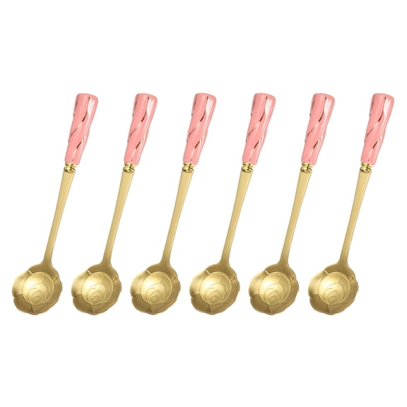 Uxcell 6Pcs Stainless Steel Flower Spoons 5 Inch Rose Shape Coffee Spoon Small Teaspoon Dessert Spoon for Espresso Sugar Cake, Pink Gold