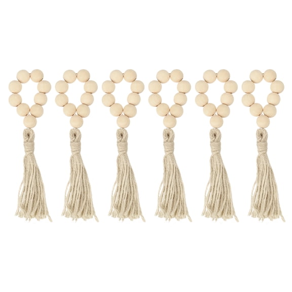 Uxcell 6Pcs Wooden Bead Napkin Rings, Farmhouse Wood Bead Napkin Buckles with Jute Rope Tassels (Khaki)