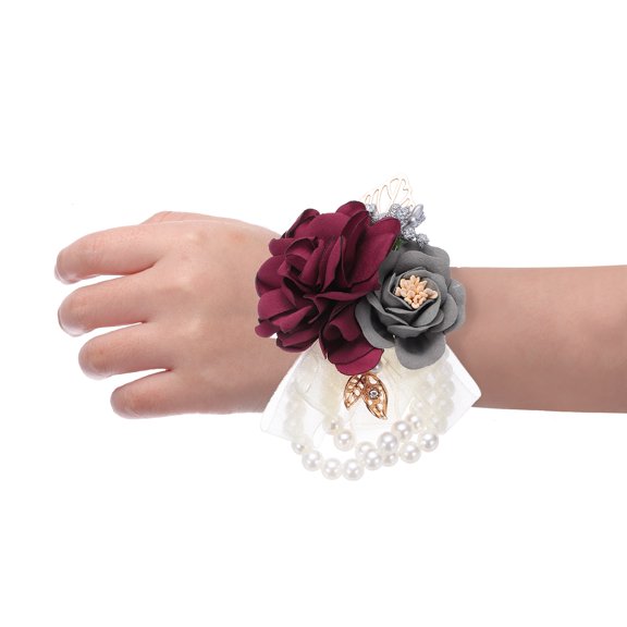 Uxcell 6Pcs Wrist Corsage Artificial Flower Bracelets Rose Decorative Dark Red