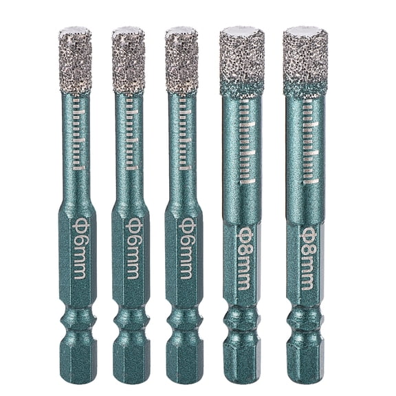 Uxcell 6mm - 8mm Diamond Hole Saw Kit Diamond Tip Hole Cutter Set Hex Shank for Hand Drilling Ceramic Porcelain Marble Tiles Stone Brick Hard Material - 5PCS (Green)