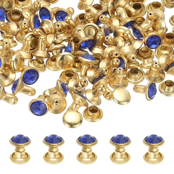 Uxcell 6mm Leather Rivets, 70 Sets Rhinestone Rivet Studs Double Cap Spikes Rivet for Leather Crafting for Decor Repair DIY Clothing Belts Bags Shoes, Dark Blue Gold Tone