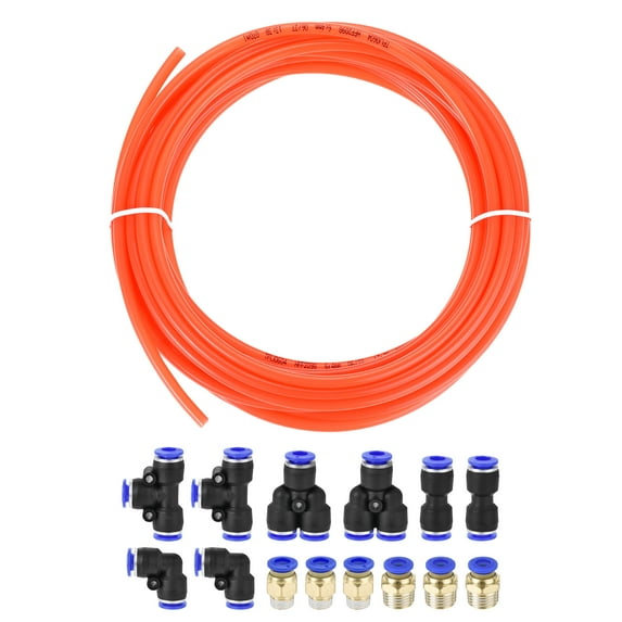 Uxcell 6mm OD PU Air Hose Tubing Kit 10 Meters Orange with 14 Pcs Fittings