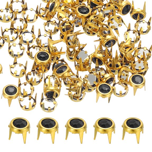 Uxcell 6mm Rhinestone Stud, 70 Sets Metal Claw Beads Nailhead Rivet Decorative Refills Rivet for Leather Crafting for Decor Repair Clothing Belts Bags Shoes, Black Gold Tone