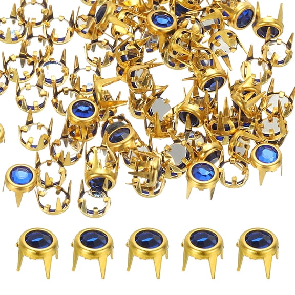 Uxcell 6mm Rhinestone Stud, 70 Sets Metal Claw Beads Nailhead Rivet Decorative Refills Rivet for Leather Crafting for Decor Repair Clothing Belts Bags Shoes, Dark Blue Gold Tone