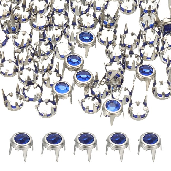 Uxcell 6mm Rhinestone Stud, 70 Sets Metal Claw Beads Nailhead Rivet Decorative Refills Rivet for Leather Crafting for Decor Repair Clothing Belts Bags Shoes, Dark Blue Silver Tone