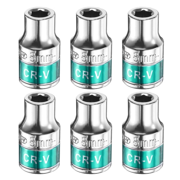 Uxcell 6pcs 1/2" Drive 6 Points Socket 8mm CR-V Metric Shallow Socket, Silver Green
