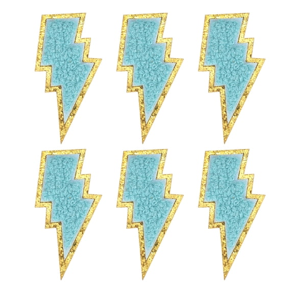 Uxcell 6pcs 3 Inches Chenille Patches with Gold Edges, Thunder Bolt Flash Iron on Patch Embroidery Applique Clothing Patching for DIY Hats Bag Jeans Jackets, Light Blue