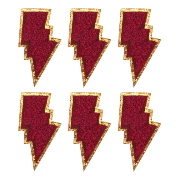 Uxcell 6pcs 3 Inches Chenille Patches with Gold Edges, Thunder Bolt Flash Iron on Patch Embroidery Applique Clothing Patching for DIY Hats Bag Jeans Jackets, Red