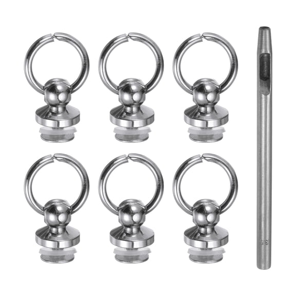 Uxcell 6pcs Brass Studs Rivets 8mm Metal D-Ring Button Rivets with 3.5mm Leather Hole Punch for Leather, Silver Tone