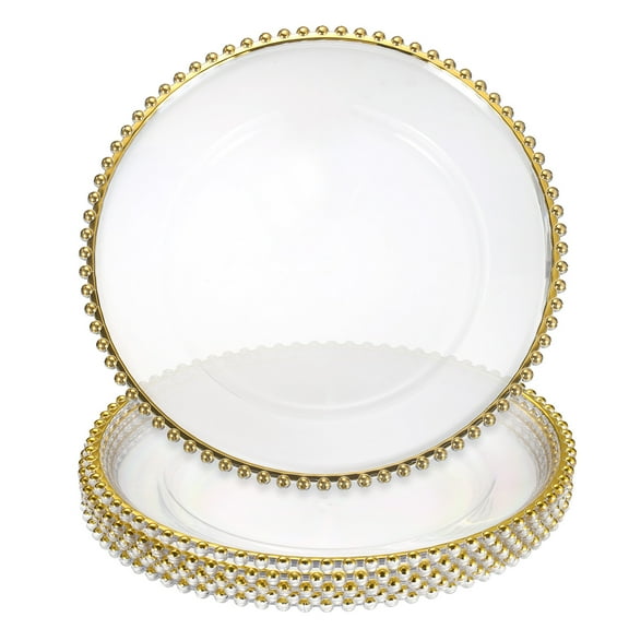 Uxcell 6pcs Clear Charger Plates Bulk, 13" Plastic Round Charger Plates with Bead Trim Dinner Dessert Plate for Wedding Party Event Table Setting Decoration, Gold