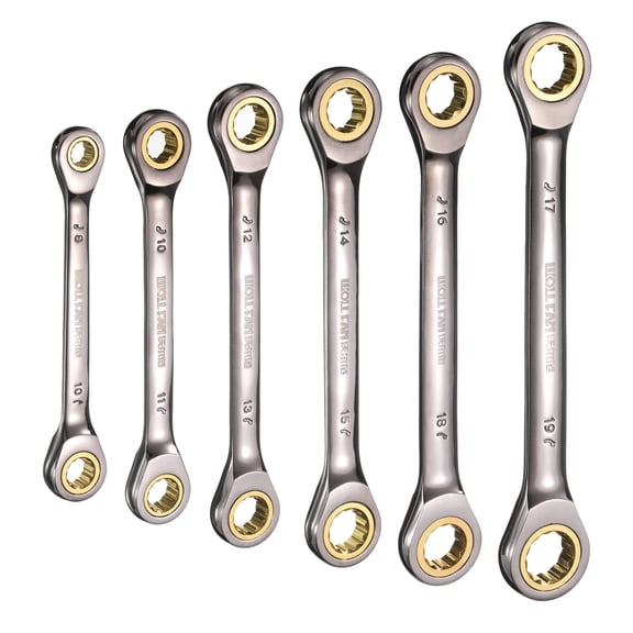 Uxcell 6pcs Double Box End Ratcheting Wrench Set 8-19mm CR-V Steel Metric 12 Point Ratchet Wrench Black Nickel Plating Box End Spanner Tool