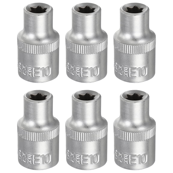 Uxcell 6pcs E-Torx Socket 1/2" Drive E10 Star Metric Socket 1.5" Length External Torx Shallow Sleeve 35K Alloy Steel Chrome 6 Point Spline Sleeve for Auto Repairs