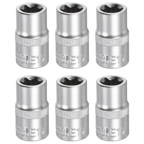 Uxcell 6pcs E-Torx Socket 1/2" Drive E16 Star Metric Socket 1.5" Length External Torx Shallow Sleeve 35K Alloy Steel Chrome 6 Point Spline Sleeve for Auto Repairs