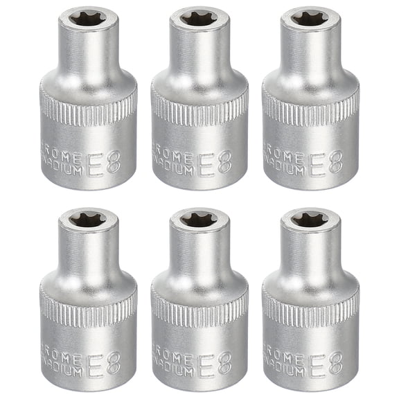 Uxcell 6pcs E-Torx Socket 1/2" Drive E8 Star Metric Socket 1.5" Length External Torx Shallow Sleeve 35K Alloy Steel Chrome 6 Point Spline Sleeve for Auto Repairs