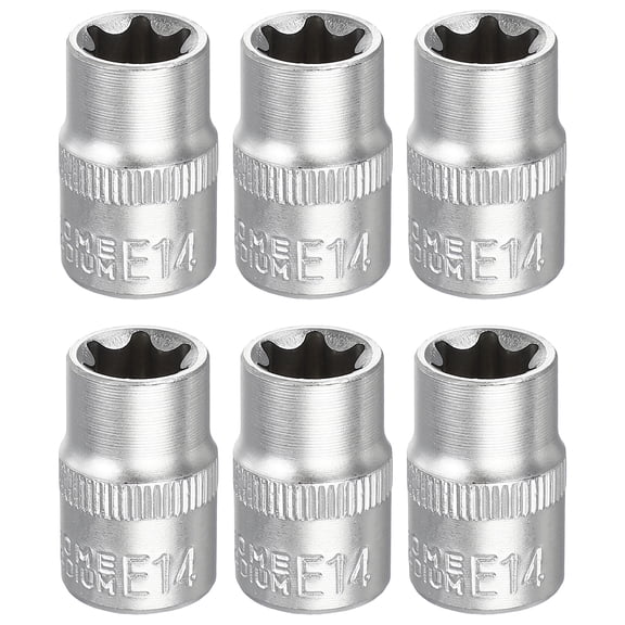 Uxcell 6pcs E-Torx Socket 3/8" Drive E14 Star Metric Socket 1.2" Length External Torx Shallow Sleeve 35K Alloy Steel Chrome 6 Point Spline Sleeve for Auto Repairs