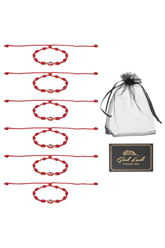 6pcs Evil Eye Bracelet, Handmade Knots Braided Rope String Adjustable Evil Eye Waterproof Good Luck Bracelet Set with Card & Mesh Bag for Luck Protection Women Men Gifts, Red