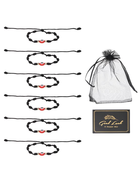 6pcs Evil Eye Bracelet, Handmade Knots Braided Rope String Adjustable Evil Eye Waterproof Good Luck Bracelet Set with Card & Mesh Bag for Luck Protection Women Men Gifts, Black Red