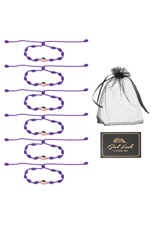 6pcs Evil Eye Bracelet, Handmade Knots Braided Rope String Adjustable Evil Eye Waterproof Good Luck Bracelet Set with Card & Mesh Bag for Luck Protection Women Men Gifts, Dark Purple