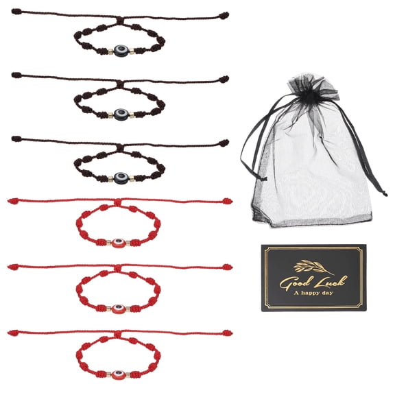 Uxcell 6pcs Evil Eye Bracelet, Handmade Knots Braided Rope String Adjustable Evil Eye Waterproof Good Luck Bracelet Set with Card & Mesh Bag for Luck Protection Women Men Gifts, Reddish Brown, Red