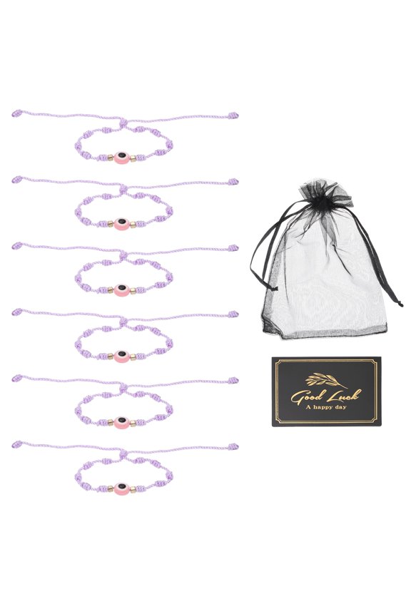 6pcs Evil Eye Bracelet, Handmade Knots Braided Rope String Adjustable Evil Eye Waterproof Good Luck Bracelet Set with Card & Mesh Bag for Luck Protection Women Men Gifts, Purple