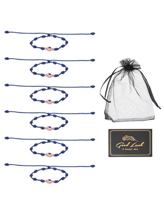 6pcs Evil Eye Bracelet, Handmade Knots Braided Rope String Adjustable Evil Eye Waterproof Good Luck Bracelet Set with Card & Mesh Bag for Luck Protection Women Men Gifts, Navy Blue