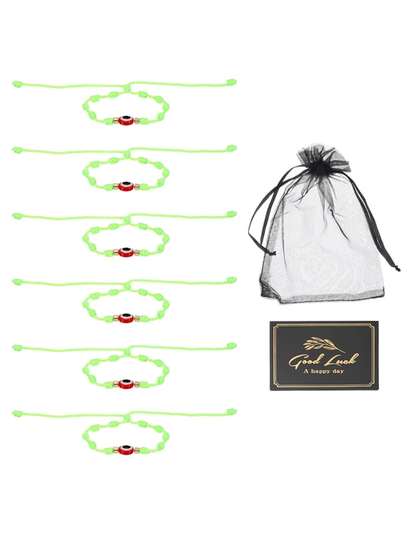 6pcs Evil Eye Bracelet, Handmade Knots Braided Rope String Adjustable Evil Eye Waterproof Good Luck Bracelet Set with Card & Mesh Bag for Luck Protection Women Men Gifts, Fluorescent Green