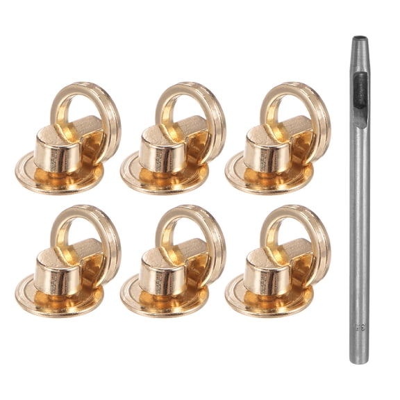 Uxcell 6pcs Metal Studs Rivets 12mm D-Ring Button Rivets with 3.5mm Leather Hole Punch for Leather, Gold Tone
